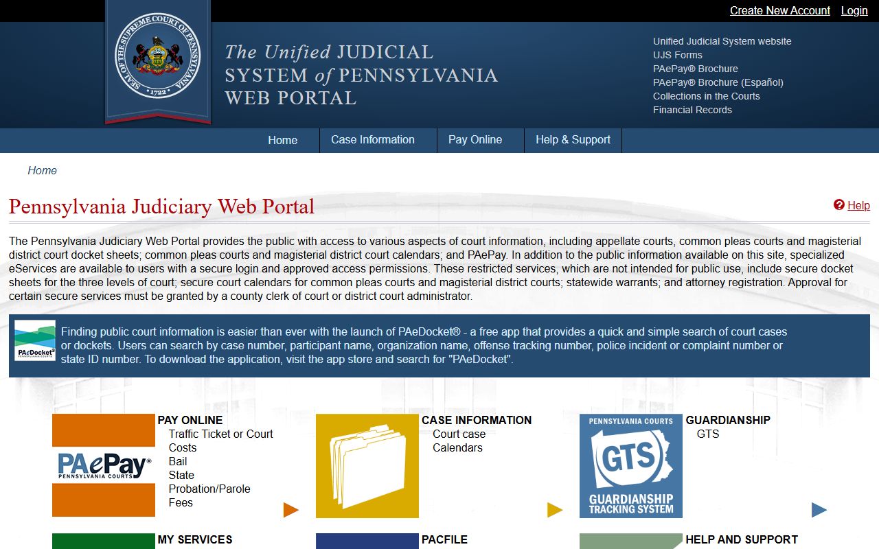 Forest County judiciary portal structure and search landing page