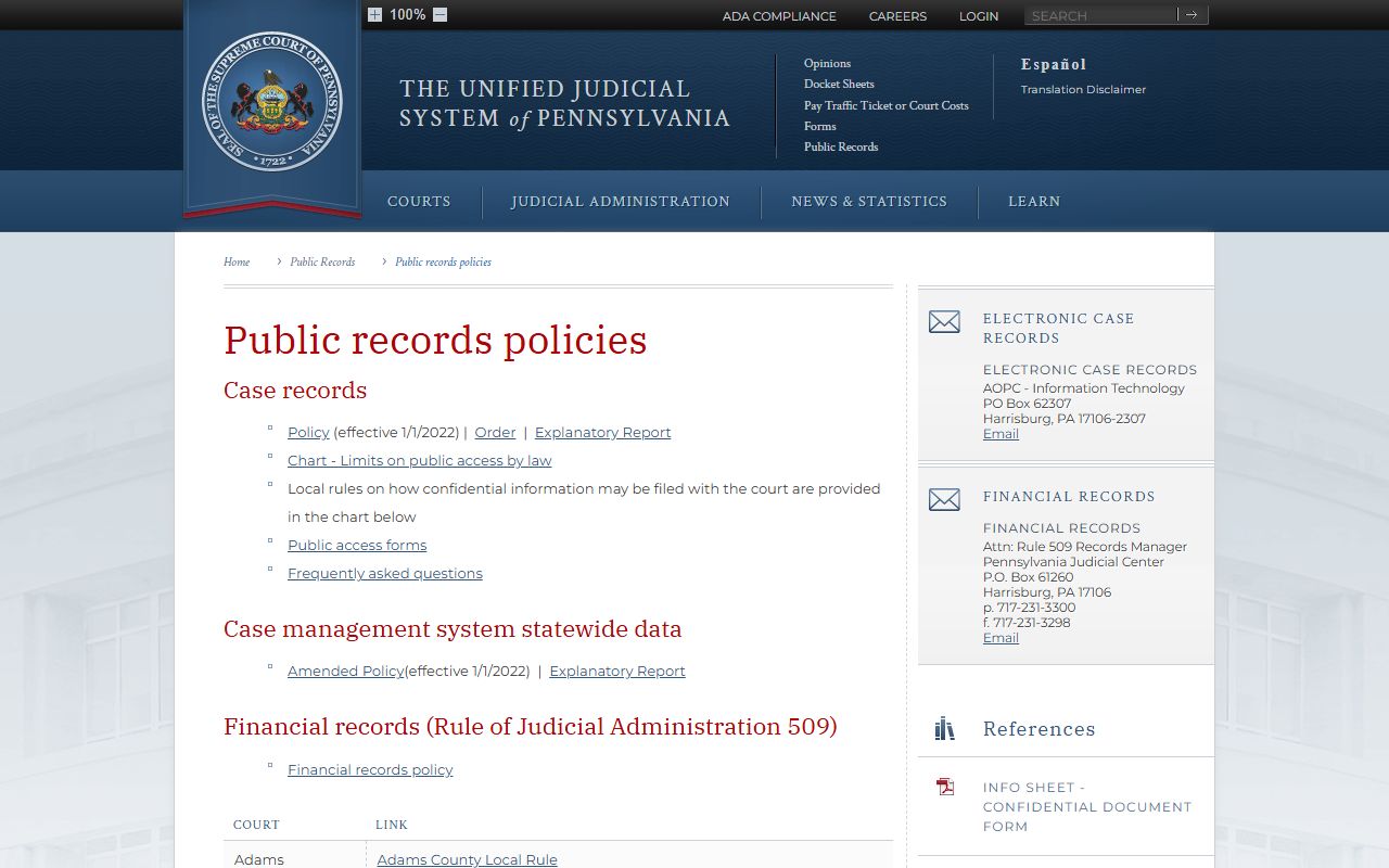 Forest County UJS public records policy and release rules