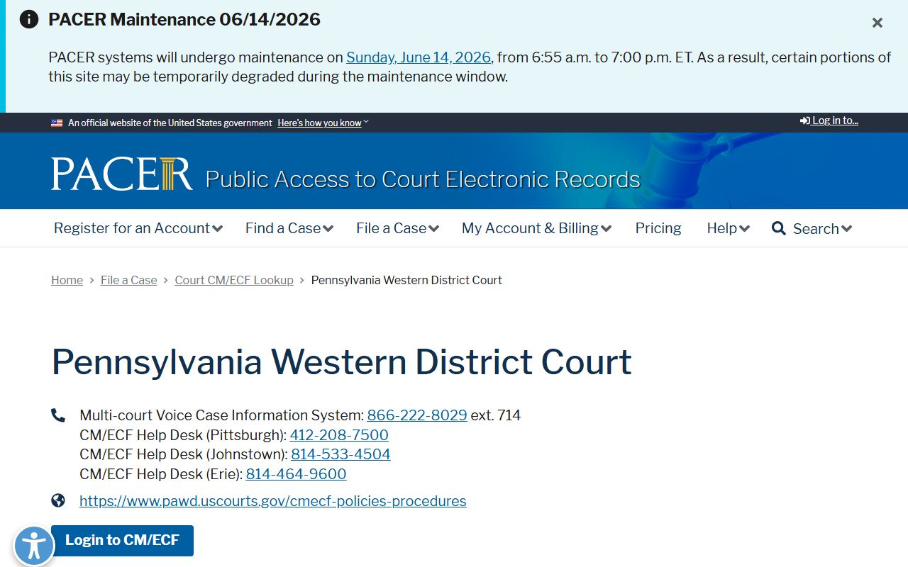 PACER lookup and federal court reference for Western District of Pennsylvania