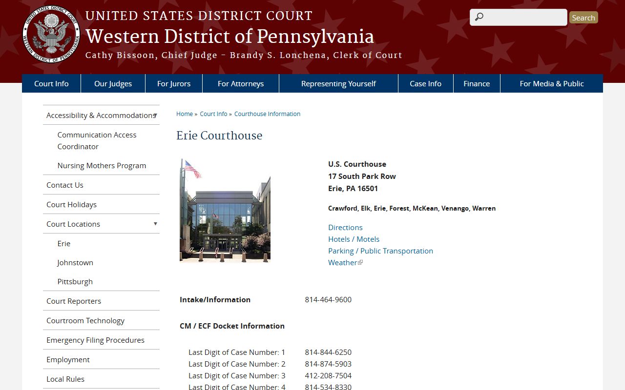Federal Erie courthouse contact context for matters connected to Forest County