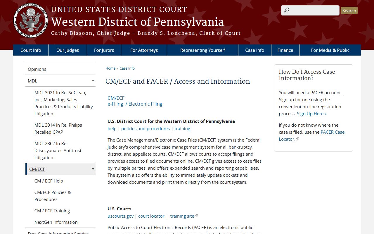 Federal district filing references for Western Pennsylvania