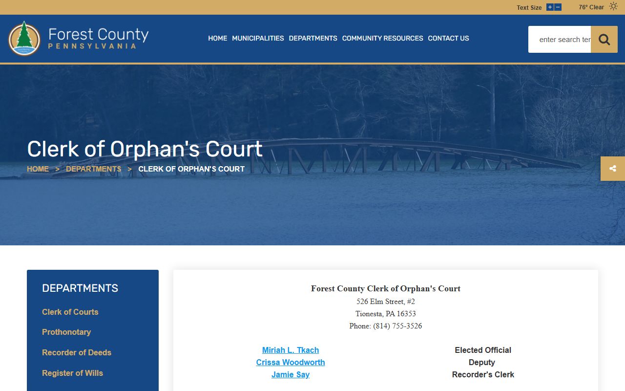 Forest County Clerk of Orphans' Court and marriage office contact information