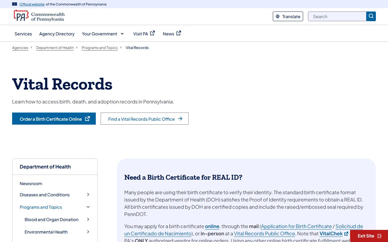 Pennsylvania vital records page for state birth/death records